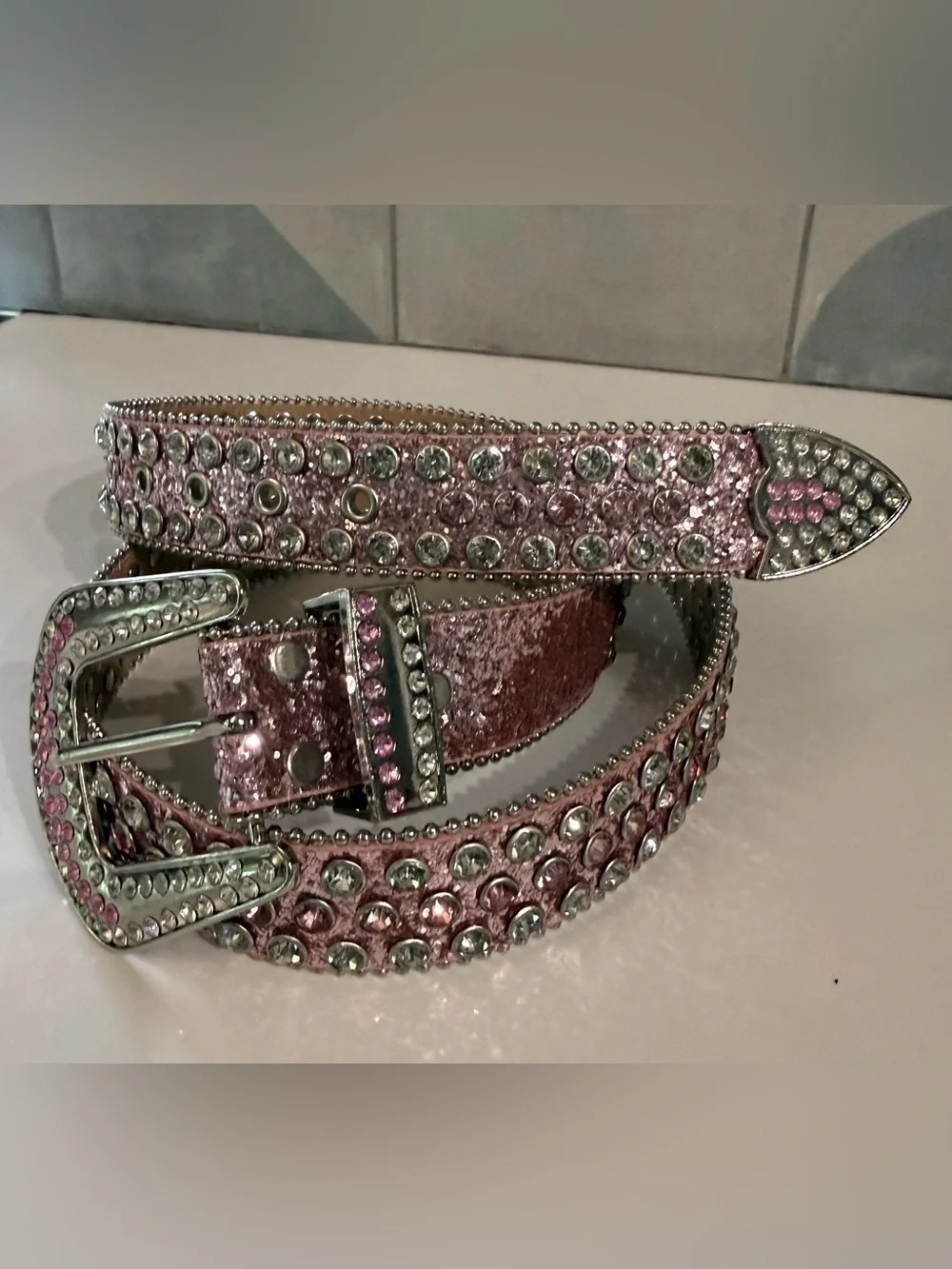 Quality rhinestone, glitter leather, silvertone grommet western belt- 37-43